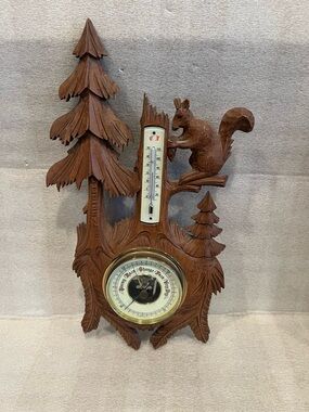 Vintage Black Forest Hand Carved Squirrel, Wall Barometer Made in Germany